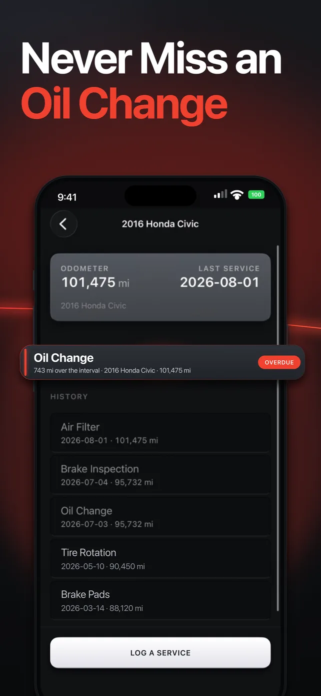 Wrenchy's vehicle screen for a 2016 Honda Civic at 101,475 miles, with an overdue oil change flagged 743 miles over its interval above a list of past services.