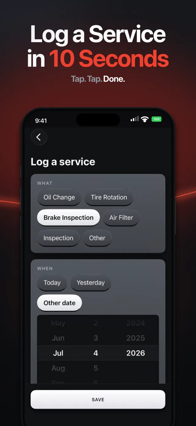 The log a service form in Wrenchy, with service types such as Oil Change, Tire Rotation and Brake Inspection, and a date picker.