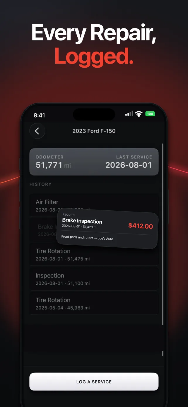 Service history for a 2023 Ford F-150, showing a brake inspection record with a cost of $412.00 and a note about front pads and rotors.