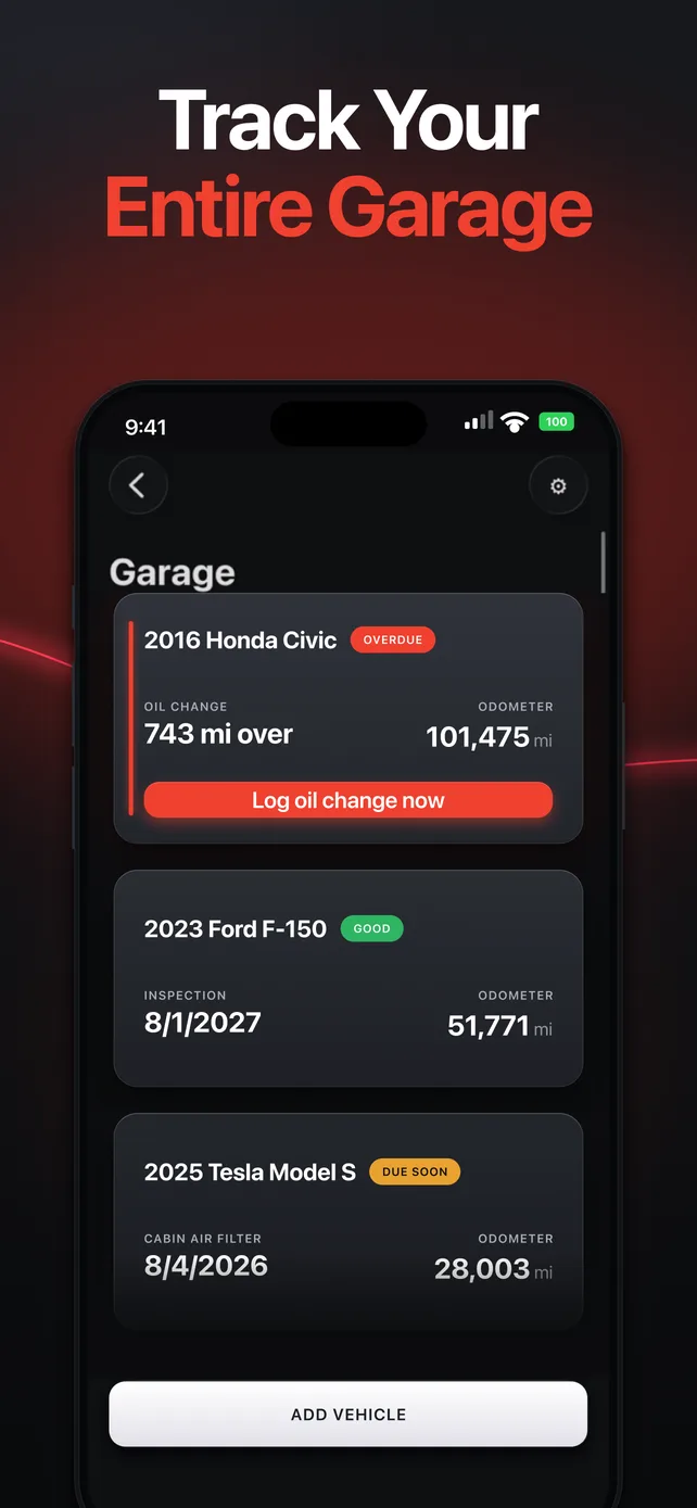Wrenchy's garage screen listing three vehicles, each with its next service and current odometer reading.
