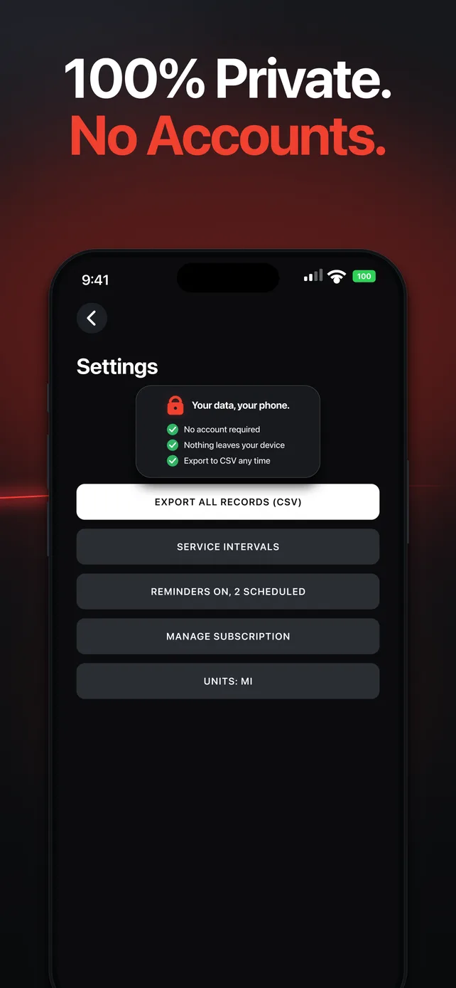 Wrenchy settings with a note that no account is required, nothing leaves the device, and records can be exported to CSV at any time.